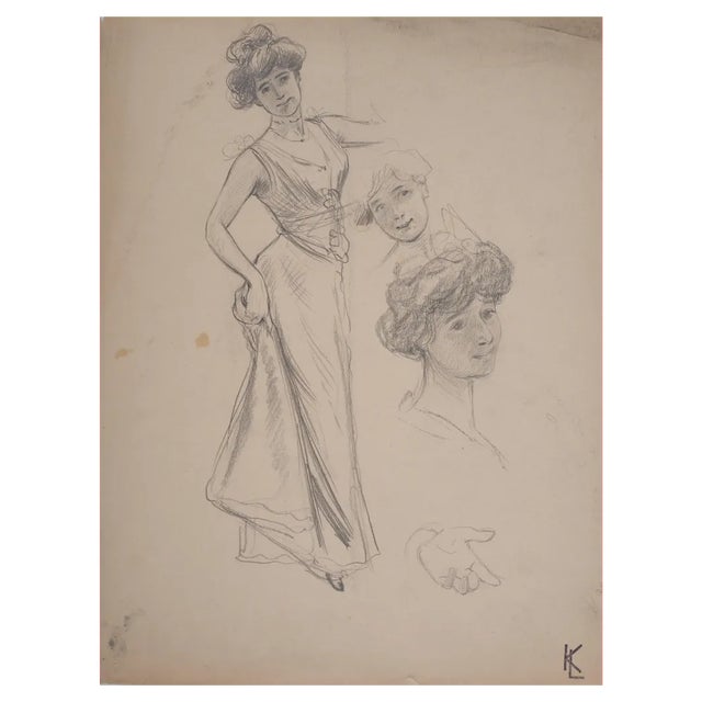 Léopold Franz Kowalski, Léa Poses in a Dress, Original Drawing For Sale