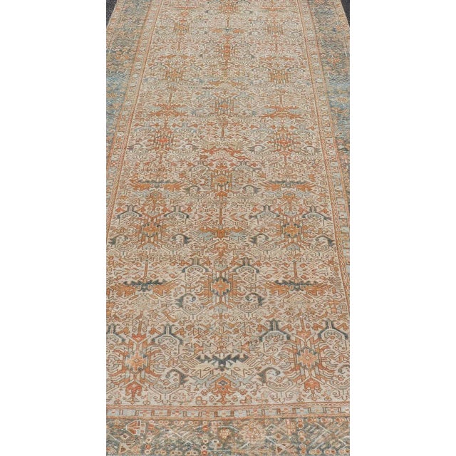 Antique Persian Gallery Heriz Rug With Geometric Design in Copper and Blue 5'1 X 12'3 For Sale In Atlanta - Image 6 of 15