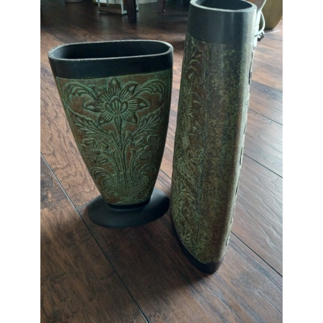 Metal Vintage Floral Engraved Metal Brown/Green/ Black Vases, Made in India - Set of Two For Sale - Image 7 of 8