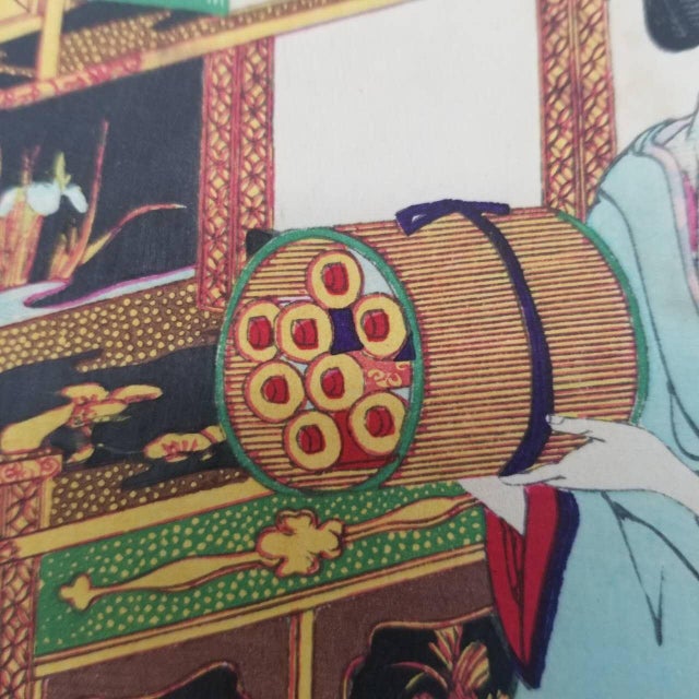 Vintage Japanese Ukiyo-E Period Woodblock Print Depicting Two Women With Scroll and Book For Sale - Image 15 of 15