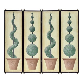 Hand-Painted Four Panel Wood Screen Trompe L’Oeil Topiaries For Sale
