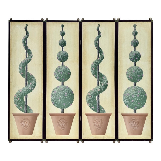 Hand-Painted Four Panel Wood Screen Trompe L’Oeil Topiaries For Sale