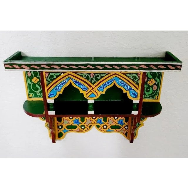 2020s Moroccan Wooden Shelf All Hand-Painted / Green For Sale - Image 5 of 8