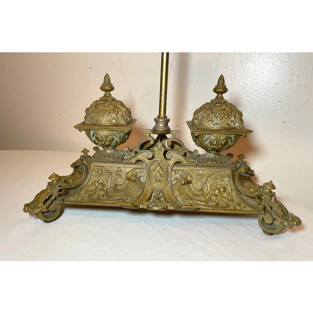 Victorian Antique Ornate 1800's Victorian Gilt Bronze Dual Inkwell Desk Lamp Stand Brass For Sale - Image 3 of 12