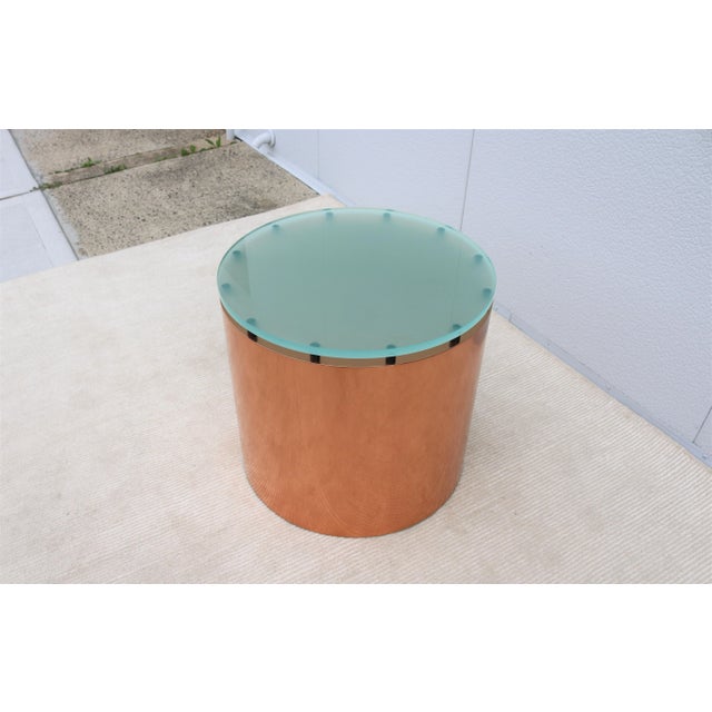 Mid-Century Modern Paul Mayen Style Frosted Glass Top and Copper Drum Side Table For Sale In New York - Image 6 of 13