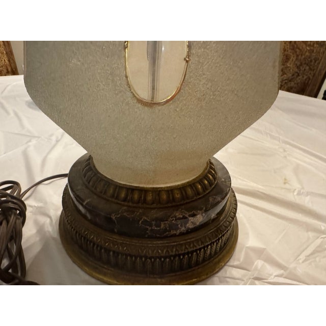 This item is a vintage satin glass table lamp, likely from the mid-20th century (1950s-1970s), with a hand-painted gold...
