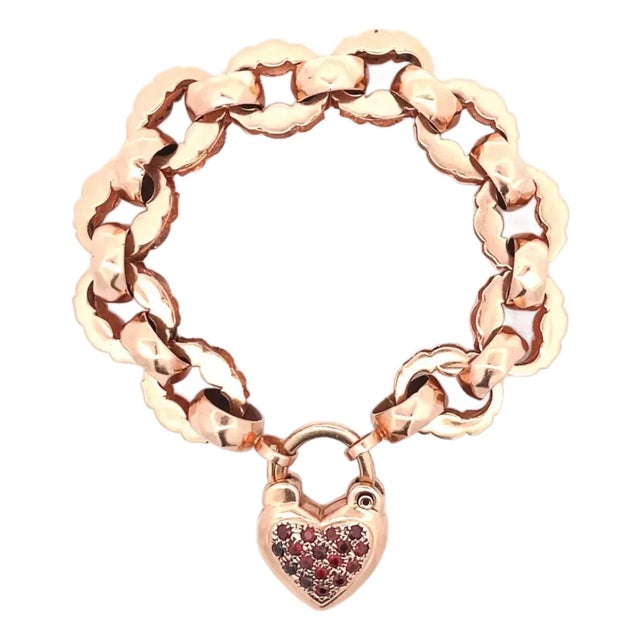 Vintage 14k Rose Gold Garnets Heart Clasp Charm Oval Link Bracelet For Sale