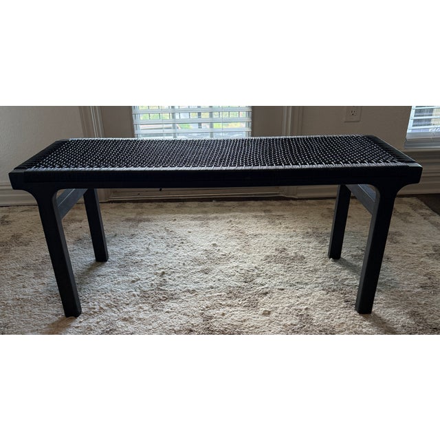 Black Cb2 Small Black Leather Woven Bench, Modern Matte Black Wood Frame For Sale - Image 8 of 11
