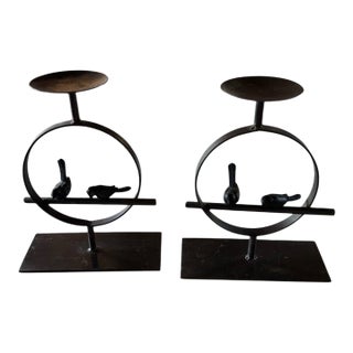 Pair of Pottery Barn Heavy Iron Bird & Branch Pillar Candle Holders For Sale