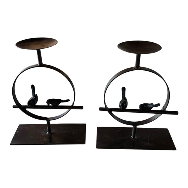 Pair of Pottery Barn Heavy Iron Bird & Branch Pillar Candle Holders For Sale