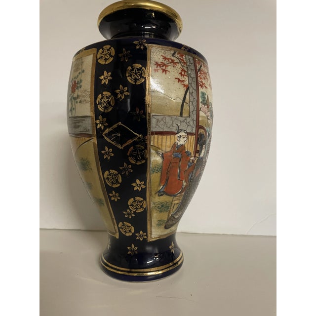 Ink Blue Antique Japanese Meiji Satsuma Hand-Painted Figural Cabinet Vase, Black & Gold, 10” For Sale - Image 8 of 11
