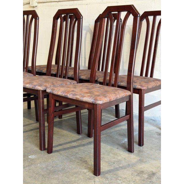 Dark Wood High-Back Upholstered Dining Chairs Set of 6 Mid-Century Modern For Sale - Image 9 of 12