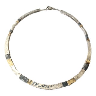 Vintage Sterling Silver and Gold Plated Hammered Tube Beaded Necklace For Sale