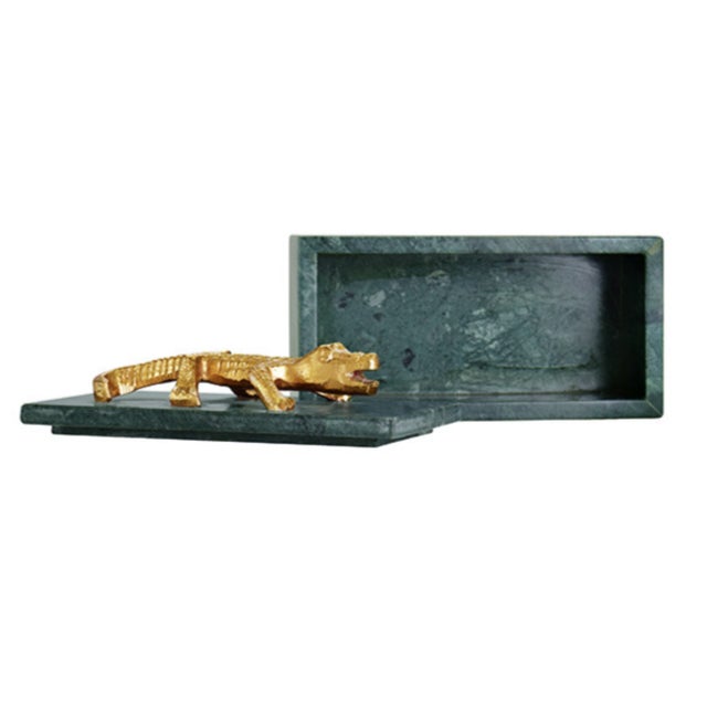 Contemporary Matthew Izzo Home Allie Green Marble Box With Brass Alligator Handle For Sale - Image 3 of 8
