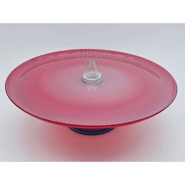 Venini Vintage Venini Red and Blue Murano Glass Footed Sauce For Sale - Image 4 of 11