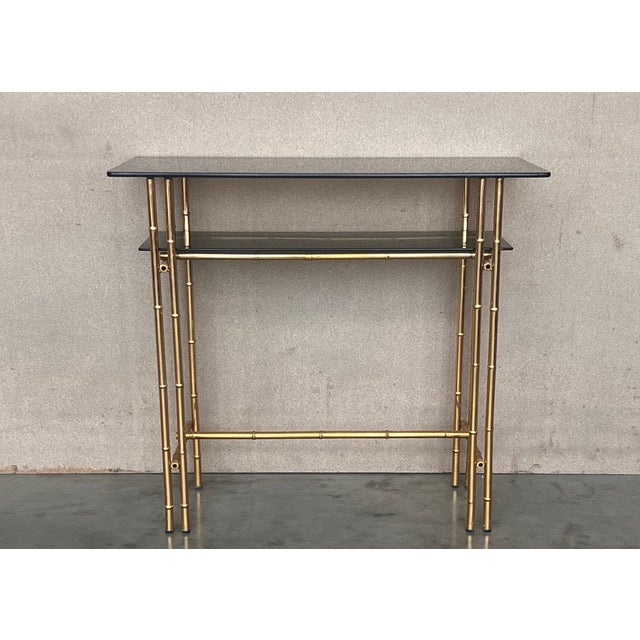 Mid-Century Modern Mid-Century Modern Italian Faux Bamboo Gilt Metal Console With Smoked Glass For Sale - Image 3 of 11