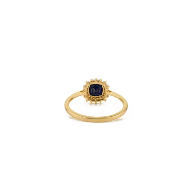 Metal 1 Carat Cushion Cut Sapphire Diamond Halo 18k Gold Statement Ring Size 5.5 For Sale - Image 7 of 11