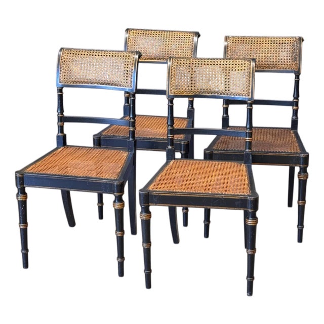 Set of Four Diminutive English Regency Ebonized and Caned Side Chairs For Sale