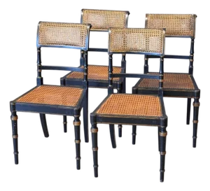 Set of Four Diminutive English Regency Ebonized and Caned Side Chairs