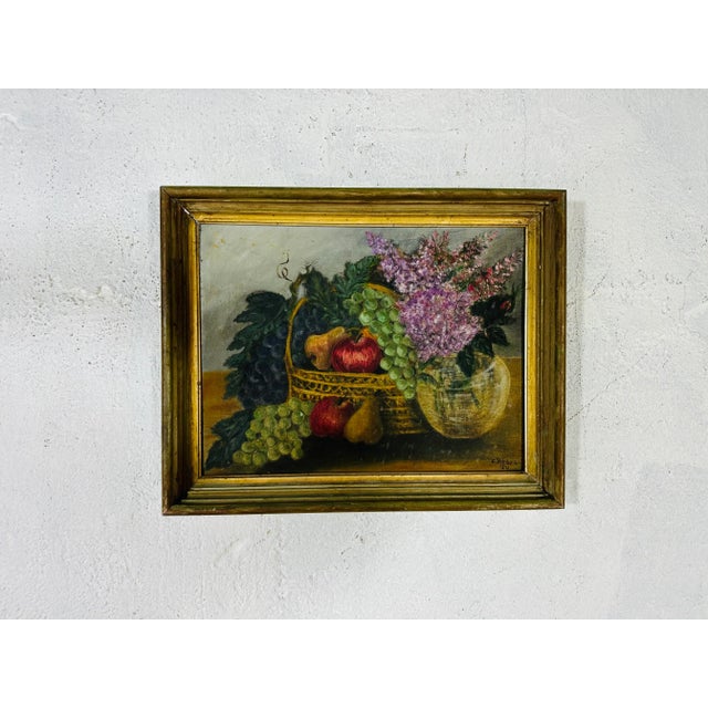 Charming oil on canvas in a nicely coordinating frame. This folk art piece is a great addition to the decor as well as a...