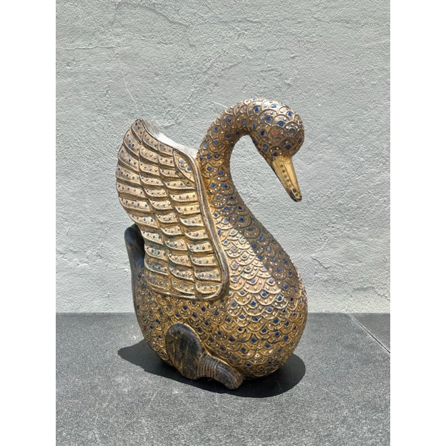 Vintage Wooden Hand Carved Folk Art Swan With Jeweled Inlay For Sale In West Palm - Image 6 of 8