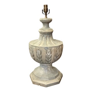 Light Grey Carved Wood Lamp For Sale