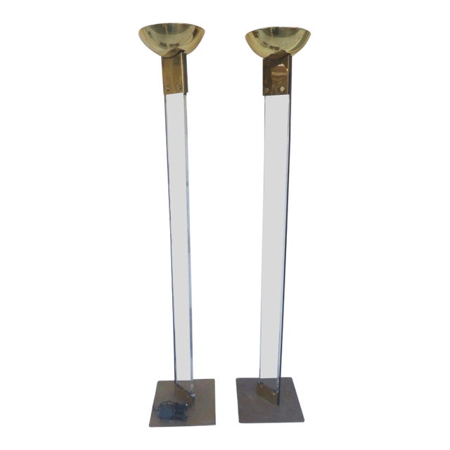 1970s Italian Architectural Skyscraper Lucite and Brass Floor Lamps - a Pair For Sale