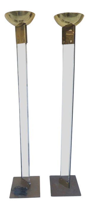 1970s Italian Architectural Skyscraper Lucite and Brass Floor Lamps - a Pair