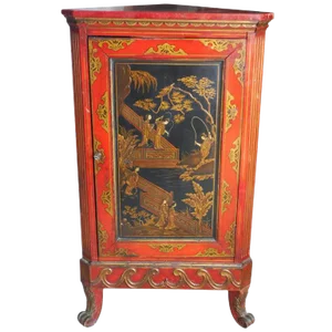 1930’s Red Lacquered Chinoiserie Corner Cabinet