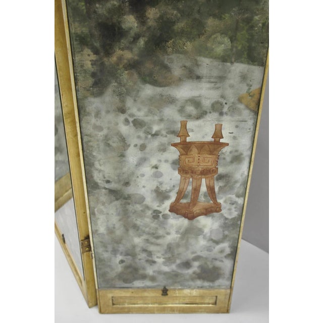 Wood Antique Chinoiserie Oriental Eglomise Antiqued Mirror Glass 3 Panel Room Screen For Sale - Image 7 of 18