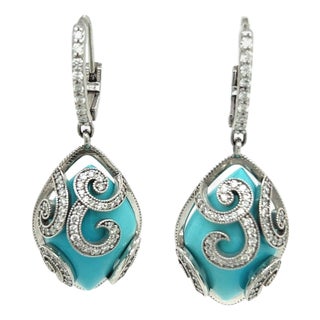 Persian Turquoise Diamond Pendant Earrings 14k WG 26.85 TCW Certified For Sale