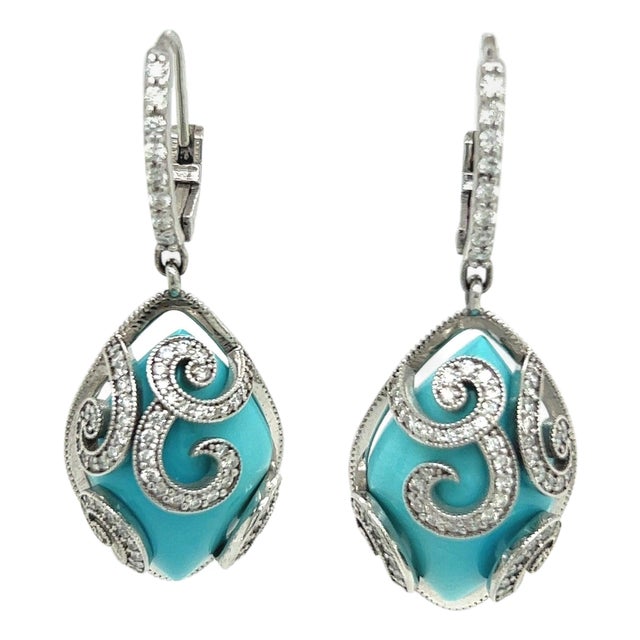 Persian Turquoise Diamond Pendant Earrings 14k WG 26.85 TCW Certified For Sale