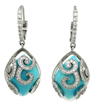Persian Turquoise Diamond Pendant Earrings 14k WG 26.85 TCW Certified