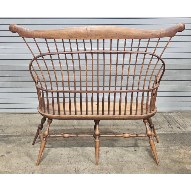 Late 20th Century Windsor Chair Comb Back Bench W Arms, Tiger Maple, Oak & Maple Made in Ohio For Sale - Image 9 of 12