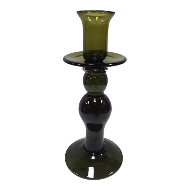 Hand Blown Antique Dark Green Thick Glass Candlestick Reproduction