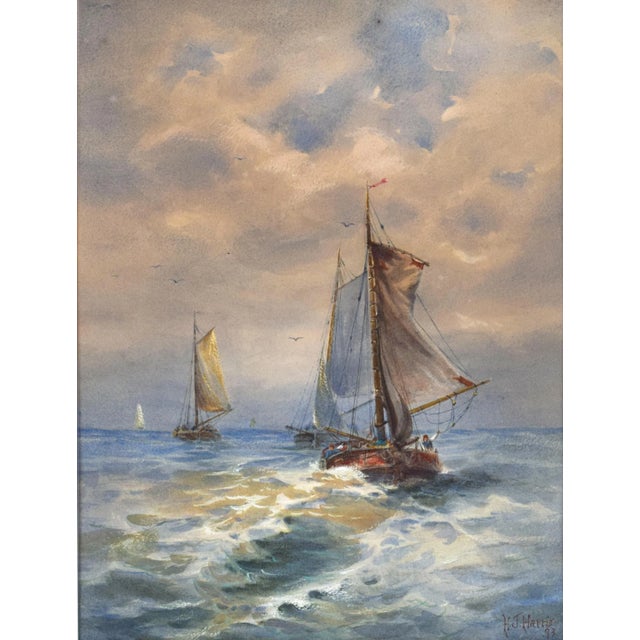 Traditional 19th Century Antique Nautical Watercolor Seascape Painting With Ships Hj Harris 1893 For Sale - Image 3 of 8