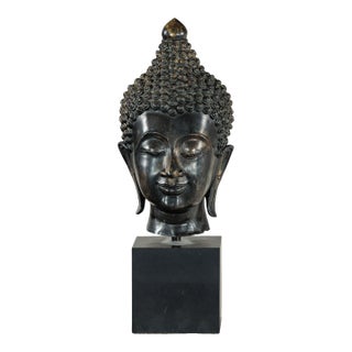 Vintage Bronze Buddha Head Sculpture Mounted on Black Laminate Display Base For Sale