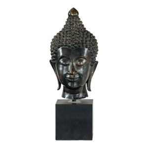 Vintage Bronze Buddha Head Sculpture Mounted on Black Laminate Display Base