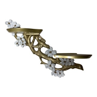 1960s Syroco Wood Gold Petite 2-Tier Wall Shelf With White Dogwood Design For Sale