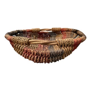 Vintage Multicolored Rope & Wood Basket For Sale
