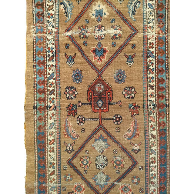 19th Century Antique Serab Camel Hair Runner Rug, Hand-Knotted Wool, Geometric Pattern, Red & Green, 4x14 For Sale - Image 5 of 10
