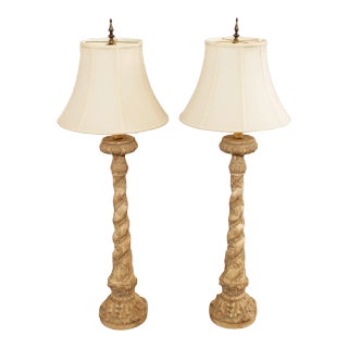 Milano Designs Tall Carved Twisted Torchier Candlestick Table Lamps - A Pair For Sale