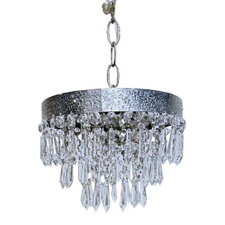 Vintage Mid-Century Modern Chrome Tiered Waterfall "Wedding Cake" Crystal Chandelier For Sale