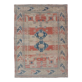 Tribal Medallion Design Vintage Turkish Oushak in Cream, Blue, and Terracotta 4'5 X 6'7 For Sale
