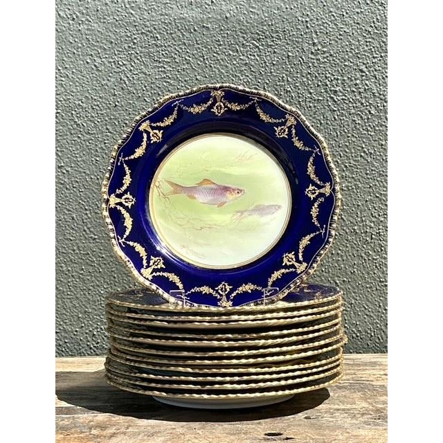 Vintage Gilt Tipped Doulton Burslem Fish Plates - Set of 12 For Sale In West Palm - Image 6 of 16