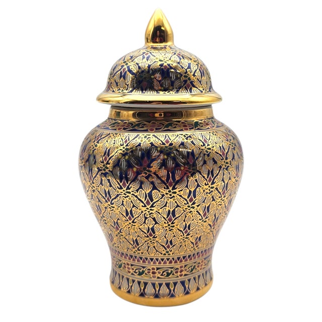 Late 20th Century Thai Benjarong Hand-Painted Gilt Porcelain Covered Jar 6.6" For Sale - Image 12 of 17