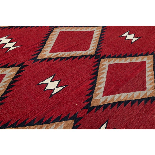 2020s 9x12 Modern Navajo Style Geometric Area Rug Handmade Red & Cream Wool Flatweave For Sale - Image 5 of 11