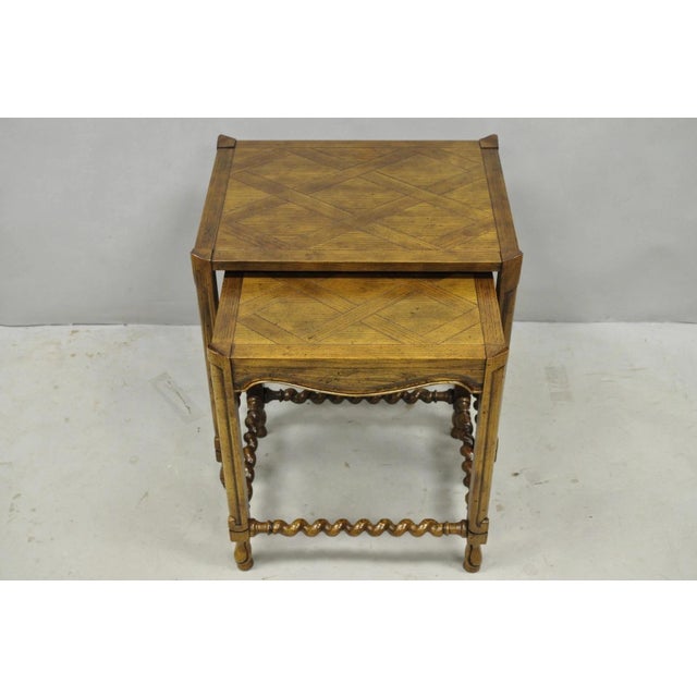 Renaissance Vintage Baker Barley Twist Oak Parquetry Inlay Nesting Step Lamp Side Tables For Sale - Image 3 of 15