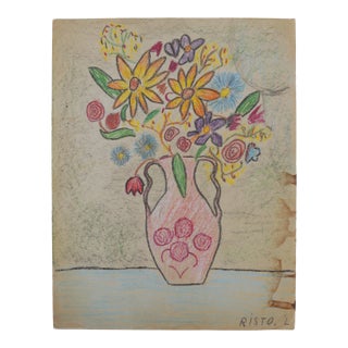 1940s Scandinavian Folk Art, Naive Drawing, Floral Still Life in Vase For Sale