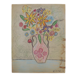 1940s Scandinavian Folk Art Outsider Naive Drawing, Floral Still Life in Vase